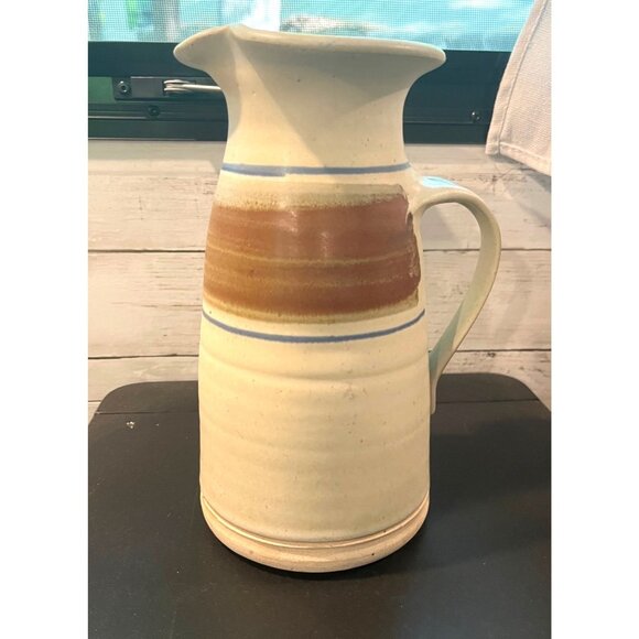 Vintage Farm House Handcrafted Stoneware Pitcher With Earthy Brown & Blue Stripe - Picture 3 of 9